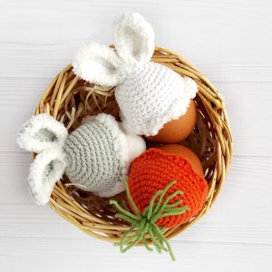 Easter gift 3 crochet hats for eggs Warmer for eggs Crochet bunny decor Carrot Passover basket Easter baby gift Easter basket decor image 1