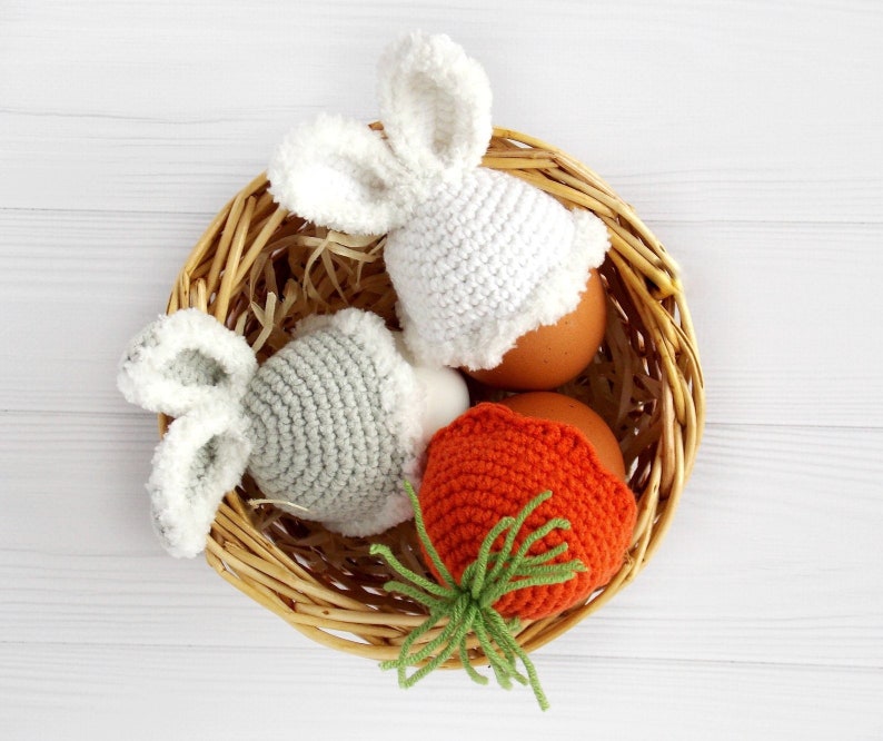 Easter gift 3 crochet hats for eggs Warmer for eggs Crochet bunny decor Carrot Passover basket Easter baby gift Easter basket decor image 1