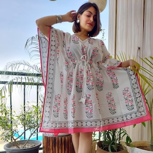 Indian Block Print Cotton Kaftan Dress: Beach Resort Wear