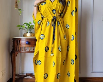 Bagru Print Handgefertigter Kaftan aus Baumwolle Kleid: Maxi-Resort-Kleid, freie Größe