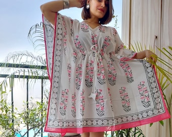 Indian Block Print Cotton Kaftan Dress: Beach Resort Wear