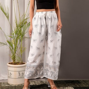 White Elephant Print Palazzo Pants: Bohemian Wide Leg Trousers
