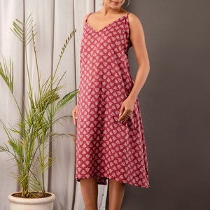 Block Printed Indian Cotton Dess/  Cotton Midi Dress/ V-neckline Long Women Midi Dress /Sleeveless Summer Sundress