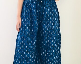 Indigo Block Print Palazzo Pants for Women, Indian Wide Leg Cotton Trousers, Boho Yoga Bottoms