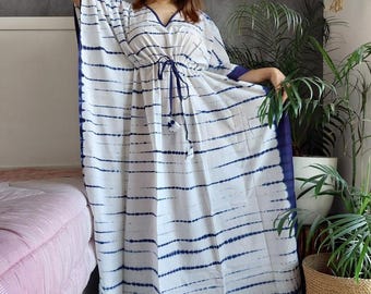 Handblock bedrucktes Maxi Kaftan Kleid aus Baumwolle | Freie Größe Boho Loungewear