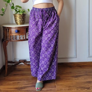 Wide Leg Cotton Pants , Block Printed Cotton Palazzo, , Elastic Waist Flowy Trousers, High Waist Palazzo, Summer Full Pant Homewear