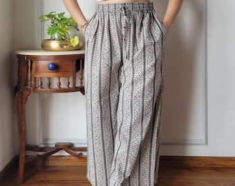 Pantalones palazzo de algodón con estampado bagru a mano: pantalones bohemios de pierna ancha