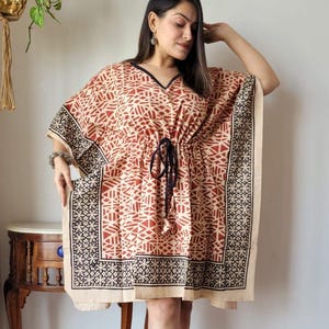 Bagru Print Cotton Kaftan Dress: Short Beach Cover-Up, Free Size