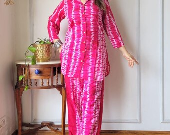 Kombi-Set aus 100% reiner Baumwolle: Bagru Handblock Print Lounge Outfit