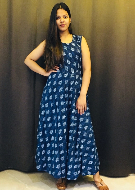 white christmas dresses Buy Indigo Block Printed Long Maxi Dresses for Women – Dmaasa main image 1