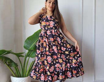 Handblock Gedruckt Baumwolle Midi Einteiler Kleid | Boho Sommerkleid