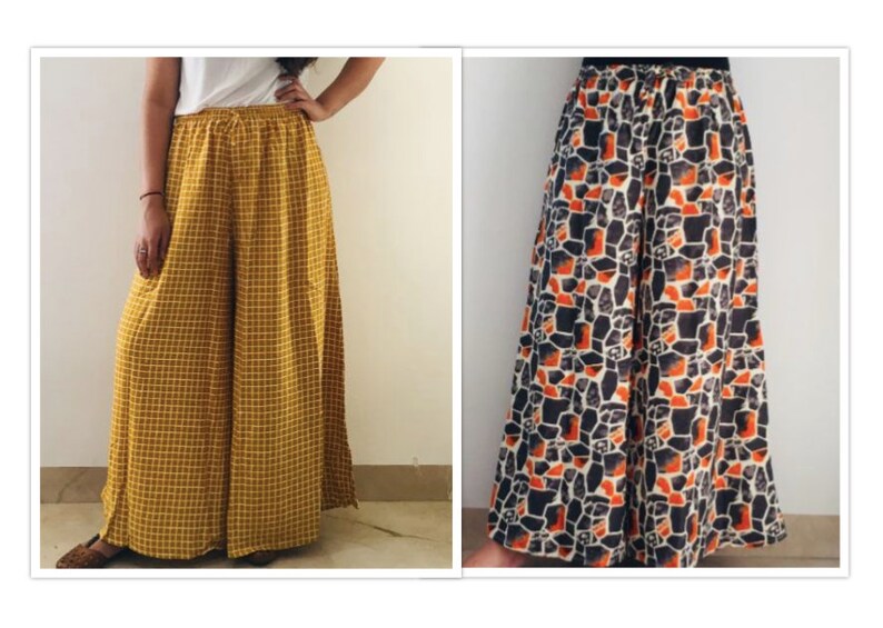 Puede incluir: Dos pares de pantalones de pierna ancha. Un par es de color amarillo mostaza con un patr&oacute;n a cuadros. El otro par es de base blanca y negra con un patr&oacute;n geom&eacute;trico naranja y marr&oacute;n.