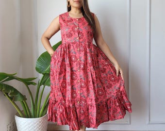Block Gedruckt Bagru Ärmelloses Kleid | Einteiliges Kleid mit Taschen
