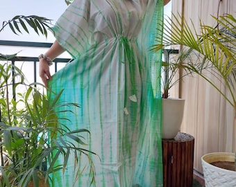 Handgemachte Bagru Baumwolle Maxi Länge Kaftan: Resortwear Kleid, freie Größe