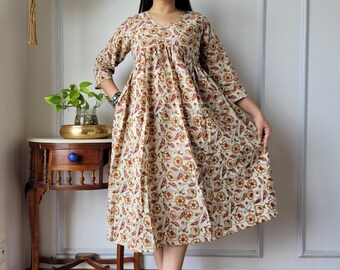 Baumwoll-Block bedrucktes Kleid | Bagru Kleid mit Blumendruck