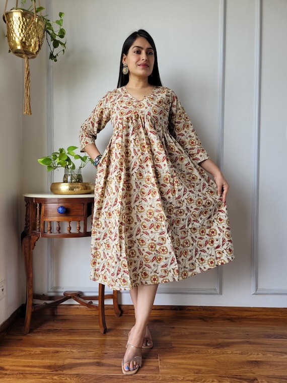 Block Printed Cotton Dress | Bagru floral print dress