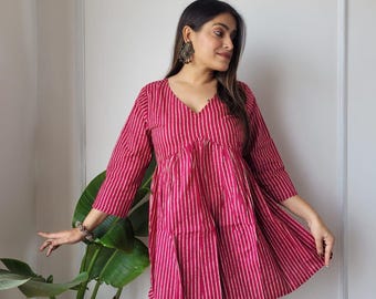 Bagru Block Print Baumwolloberteil für Frauen, handgefertigtes indisches Boho-Oberteil, atmungsaktive Sommerbluse, locker sitzendes Artisan-Hemd, Jaipur-Kleidung