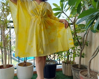Tie Dye Kaftan-Kleid aus reiner Baumwolle: V-Neck Loungewear, Einheitsgröße