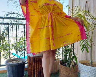 Bagru Batik Baumwoll-Kaftan: Indisches Blumenmuster, Verstellbarer Tunnelzug