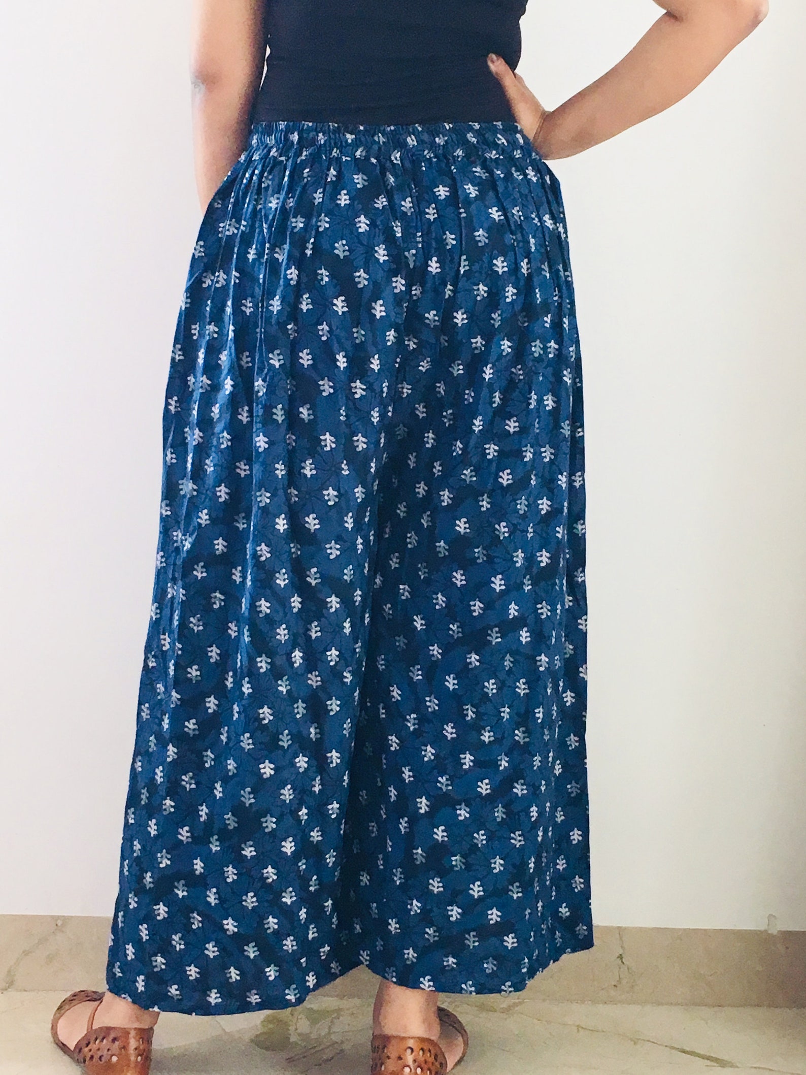 Women’s Indigo Khadi Palazzo Pants – High Waist Wide-Leg Trousers | Handwoven Ethnic Wear