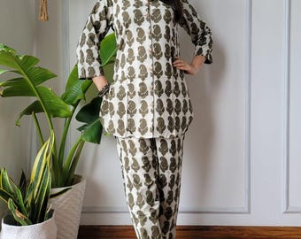 Kombi-Set aus 100% reiner Baumwolle: Bagru Handblock Print Lounge Outfit