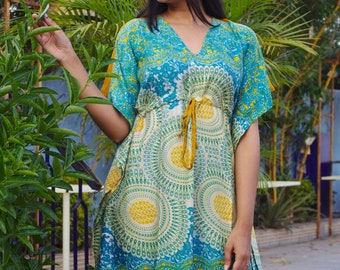 Handmade Printed Kaftan Dress: Cotton Silk Blend Beach Cover-Up
