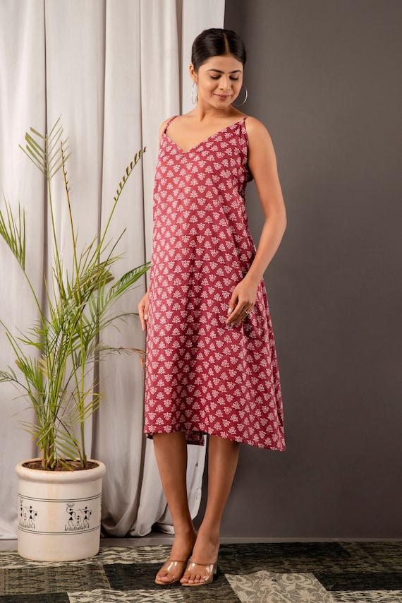Indian Block Print Cotton Sundress, Sleeveless V-Neck Midi Dress, Boho Summer Wear for Women