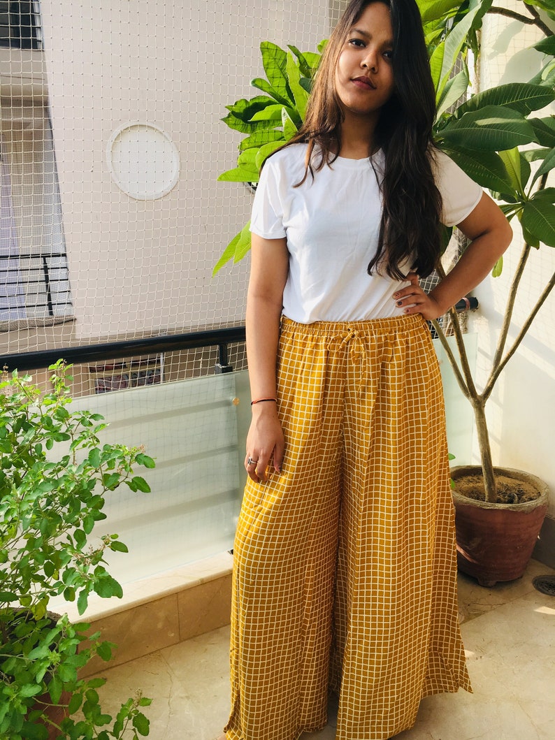 Pantalones Palazzo con estampado de bloques hechos a mano: pantalones de pierna ancha de mezcla de algodón P1