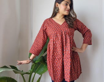 Hand Block Print Baumwollbluse | Erdiges Paisley Top, 3/4 Ärmel
