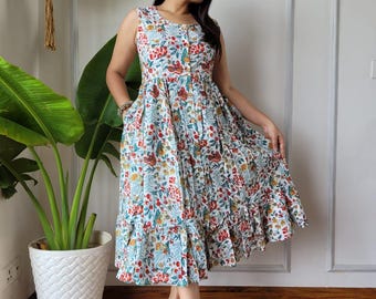 Reine Baumwolle Bagru Print Midi Kleid, handgemachtes Sommer Boho Kleid, Sommerkleid