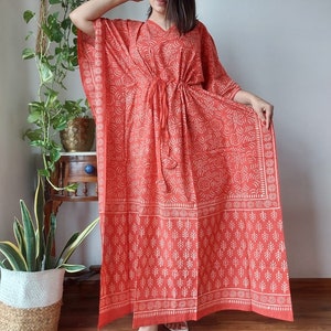 Cotton Block Print Maxi Kaftan Dress | Boho Loungewear | Beach Cover Up | Free Size Summer Dress | Handmade Ethical Clothing