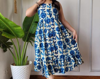 Reine Baumwolle Bagru Print Midi Kleid, handgemachtes Sommer Boho Kleid, Sommerkleid