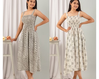 Vestido midi de algodão com estampa de blocos de mão: vestido de verão sem mangas estilo boho