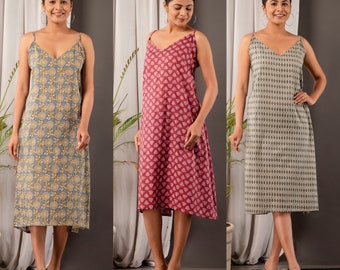 Block Printed Indian Cotton Women Midi Dress- V-neckline Long Women Midi Dress -Sleeveless Summer dress