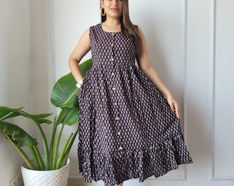Reine Baumwolle Bagru Print Midi Kleid, handgemachtes Sommer Boho Kleid, Sommerkleid