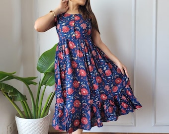 Indisches Baumwollmidikleid | Ärmelloses einteiliges Kleid mit Handblockdruck und Taschen