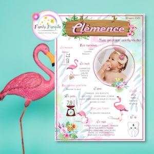 affiche anniversaire 1 an bébé personnalisée avec photo - flamant rose