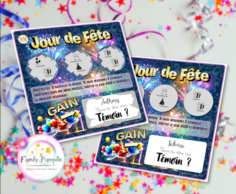 carte à gratter "Jour de Fête" - texte personnalisable toutes occasions : mariage - grossesse - parrain - marraine - témoin - cadeau... demande témoin
