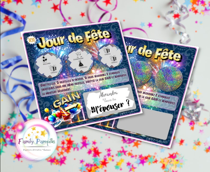 carte à gratter "Jour de Fête" - texte personnalisable toutes occasions : mariage - grossesse - parrain - marraine - témoin - cadeau... demande en mariage