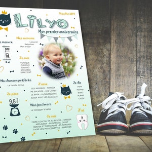 Cartel de cumpleaños de bebé personalizado de 1 año con foto - gato