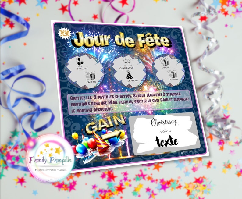 carte à gratter "Jour de Fête" - texte personnalisable toutes occasions : mariage - grossesse - parrain - marraine - témoin - cadeau... texte libre
