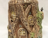 Antique 1977 Duncan Enterprises Collectible Cookie Jar Woodland Theme, Fairy House, Tree Stump, Elf House, Gnome Home