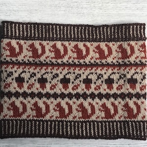 May include: A knitted brown, beige, and red headband with a repeating pattern of squirrels and acorns.