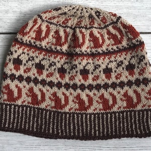 May include: A brown, beige, and red knitted hat with a geometric pattern. The hat has a brown brim.