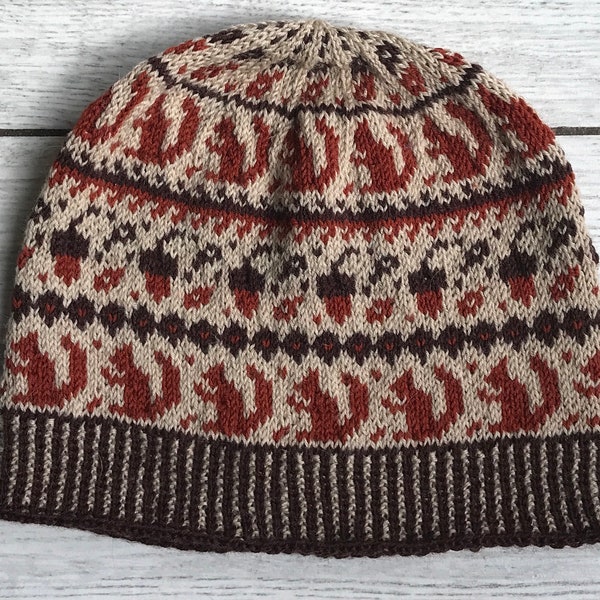 4-ply Squirrels Hat Knitting Pattern, digital download.