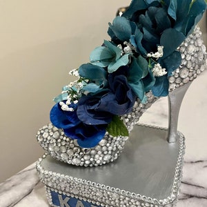 Silver Blinged High Heel Shoe (Stiletto) Artificial Floral Arrangement (Centerpiece)