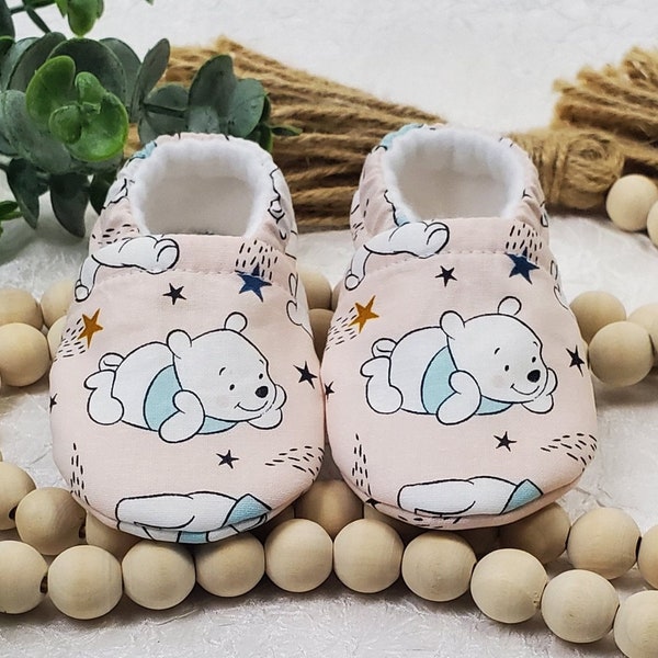 Winnie the Pooh Baby Moccasin, Baby Moccasin, Baby Shower Gift, Baby Girl Moccasin, Baby Boy Moccasin, Soft Baby Shoe, Pooh Bear, Blue Shirt