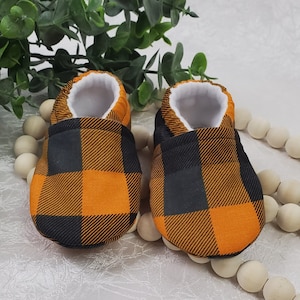 Black & Orange Plaid Baby Moccasins, Baby Moccasins, Baby Shoes, Baby Gift, Baby Booties, Slippers, Baby Boy Moccasin, Baby Girl Moccasin