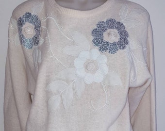 Women's cream 80s vintage embellished knit sweater