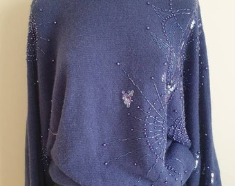 80s Vintage blue knitted beaded womens pull over sweater